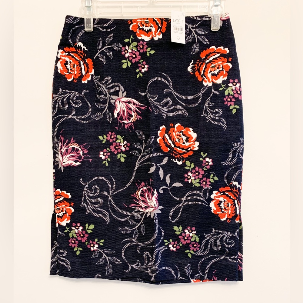 NWT LOFT Pencil Skirt Navy Floral Tweed Cotton Size 0